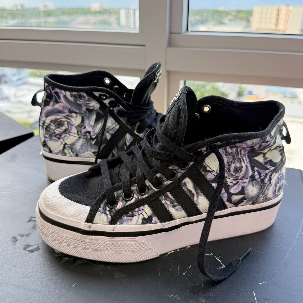 adidas Black Purple Nizza Bonega Mid Womens Size 8 Floral Platform Sneakers